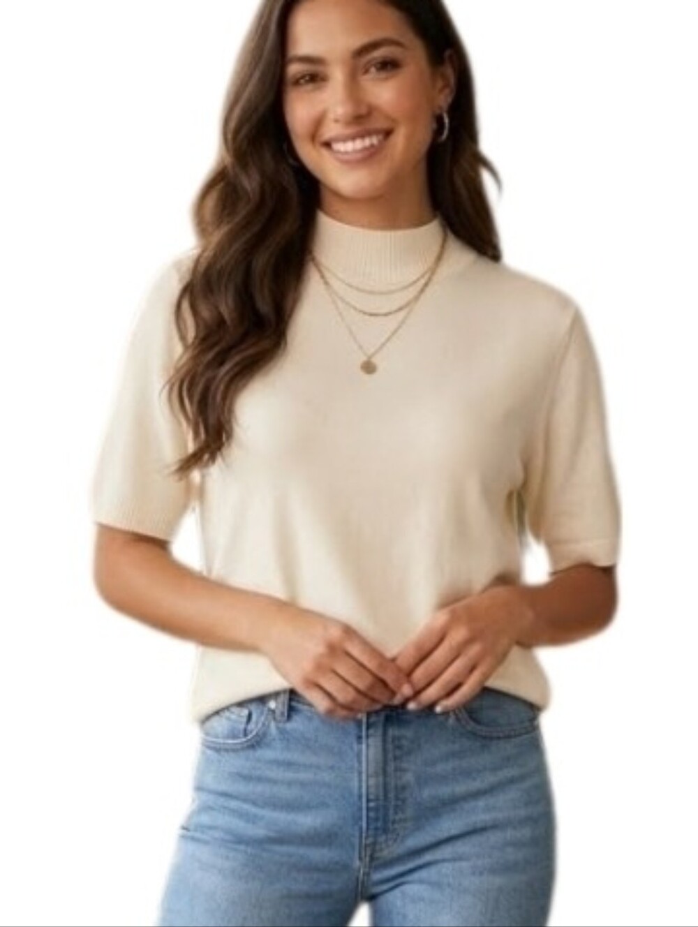 Damart Top Knit Mock Neck Short Sleeve Ivory Size M